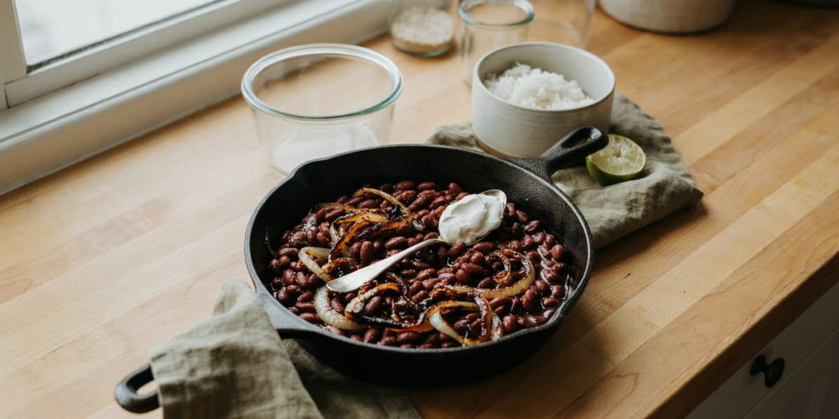 A skillet of black beans with charred onions next to a bowl of rice and a lime
