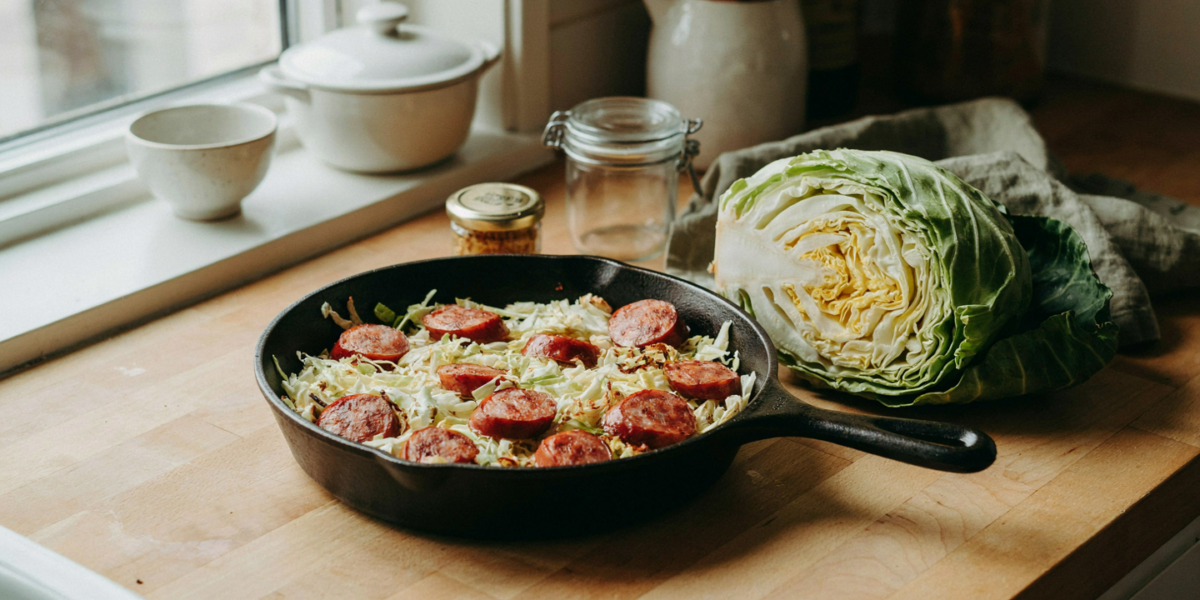 A skillet of browned cabbage with sliced smoked sausage
