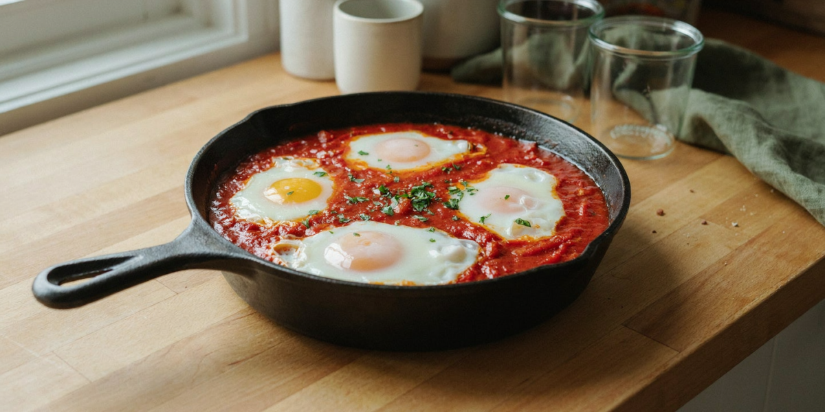 Eggs poached in tomato sauce in a skillet with bread on the side