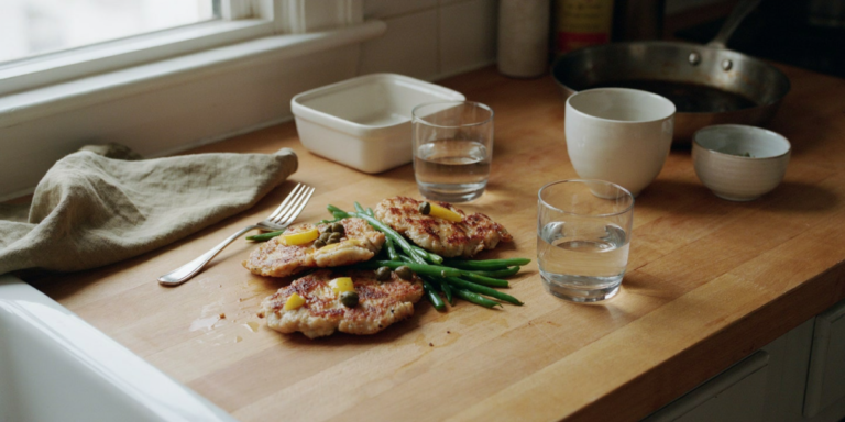 Two plates of lemon chicken cutlets with capers and green beans on a small kitchen table