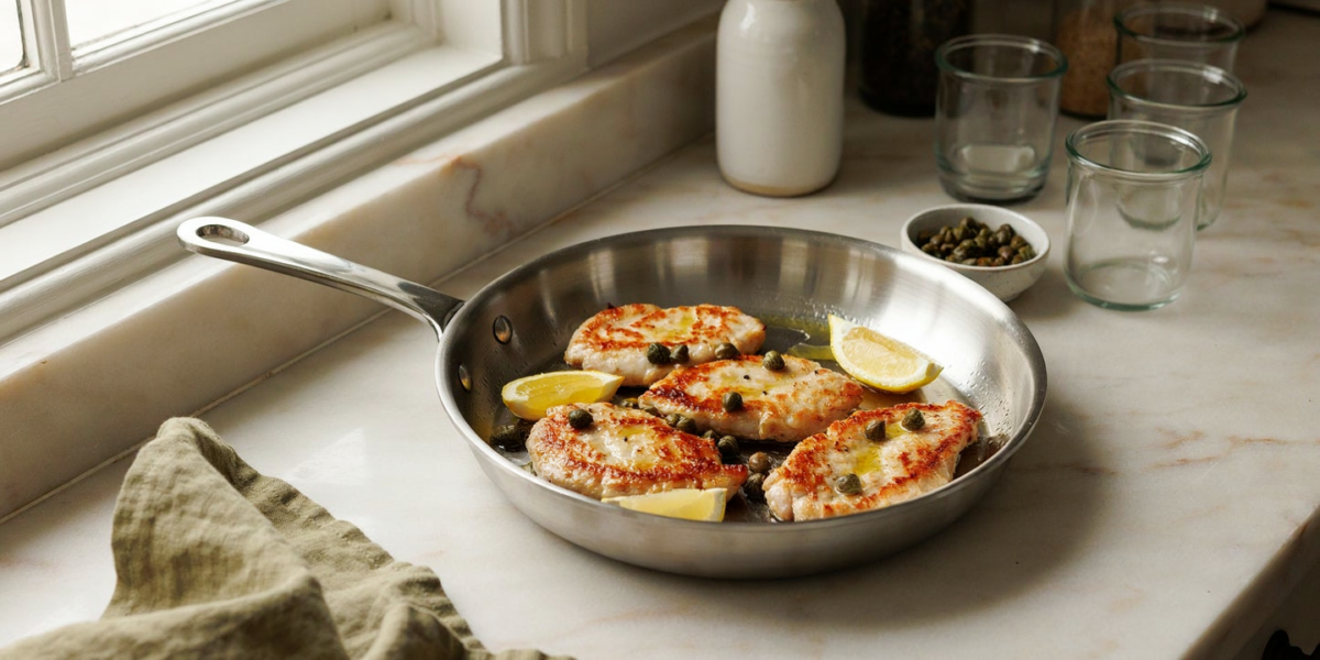 Two golden chicken cutlets with lemon caper sauce in a skillet