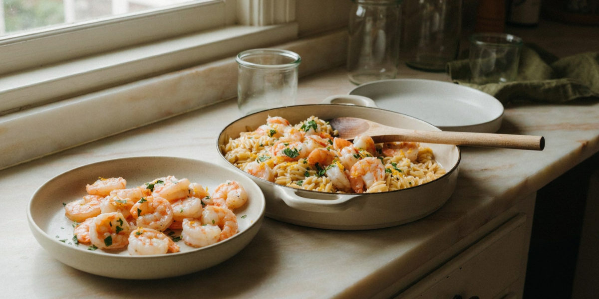 Garlic butter shrimp tossed with orzo and parsley in a pan