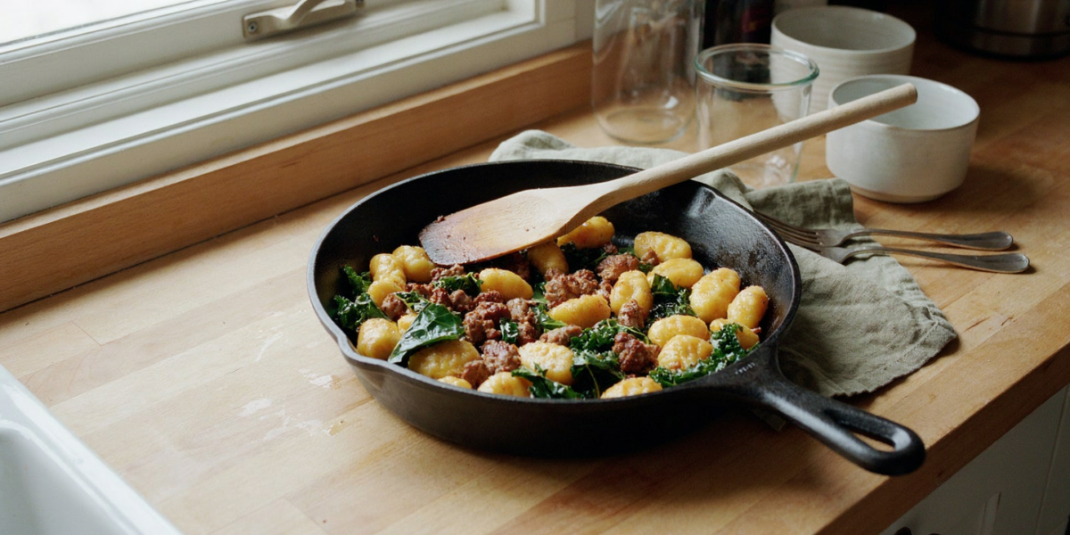 Crisp golden gnocchi with crumbled sausage and wilted greens in a pan