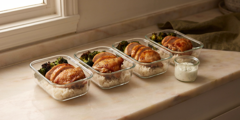 Four glass meal prep containers with sliced chicken thighs, rice and roasted broccoli on a pale oak counter