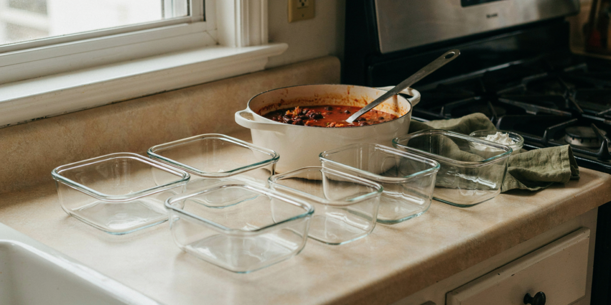 A pot of turkey and black bean chili with a ladle, glass containers waiting beside it