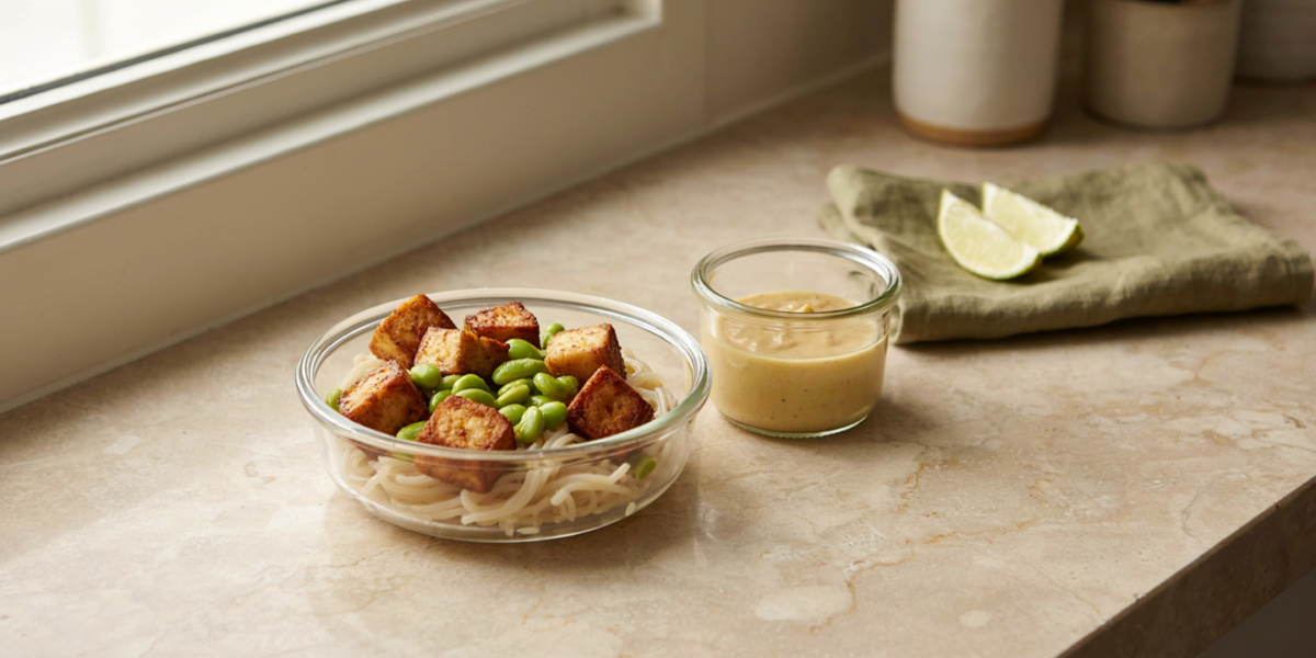 Baked tofu cubes over soba noodles with edamame and a jar of peanut sauce