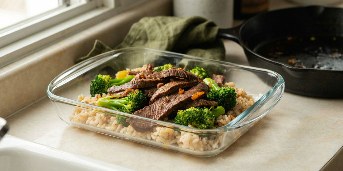 Stir-fried flank steak and broccoli over brown rice in a glass container
