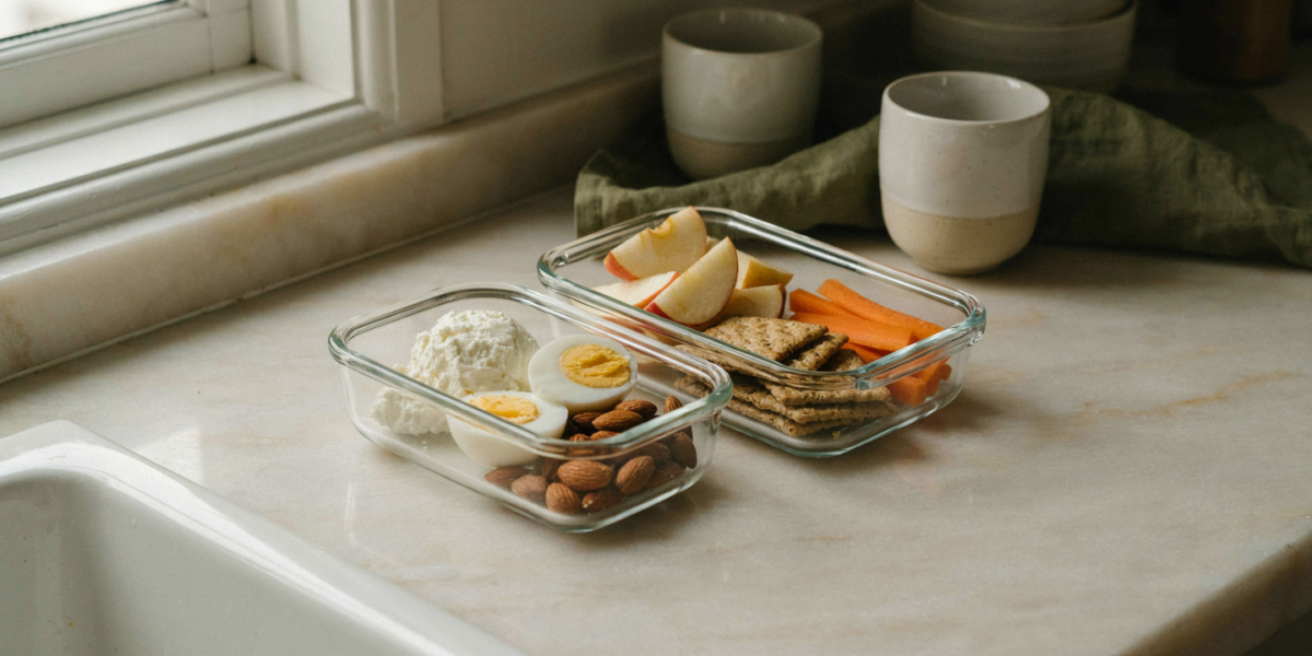 A divided container with cottage cheese, eggs, almonds, crackers and apple slices