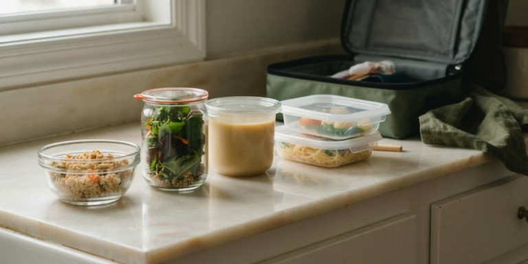Five packed lunches in glass containers and jars on a pale oak counter, a grain bowl, a layered salad jar and soup