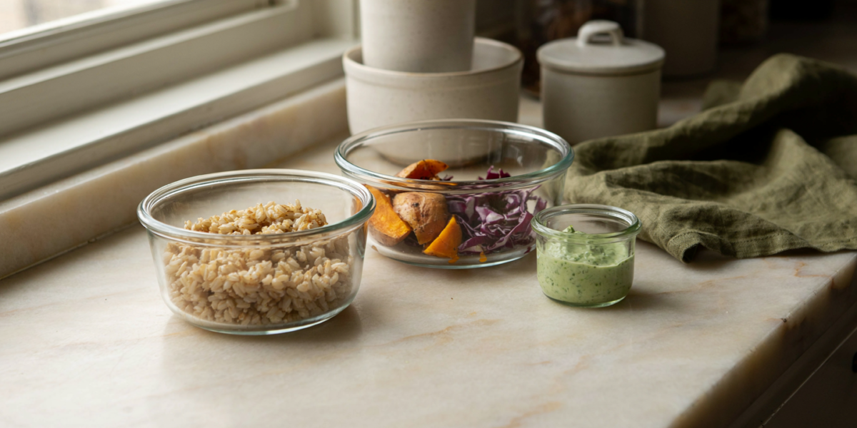 A grain bowl of rice, chicken and roasted vegetables with a small jar of sauce