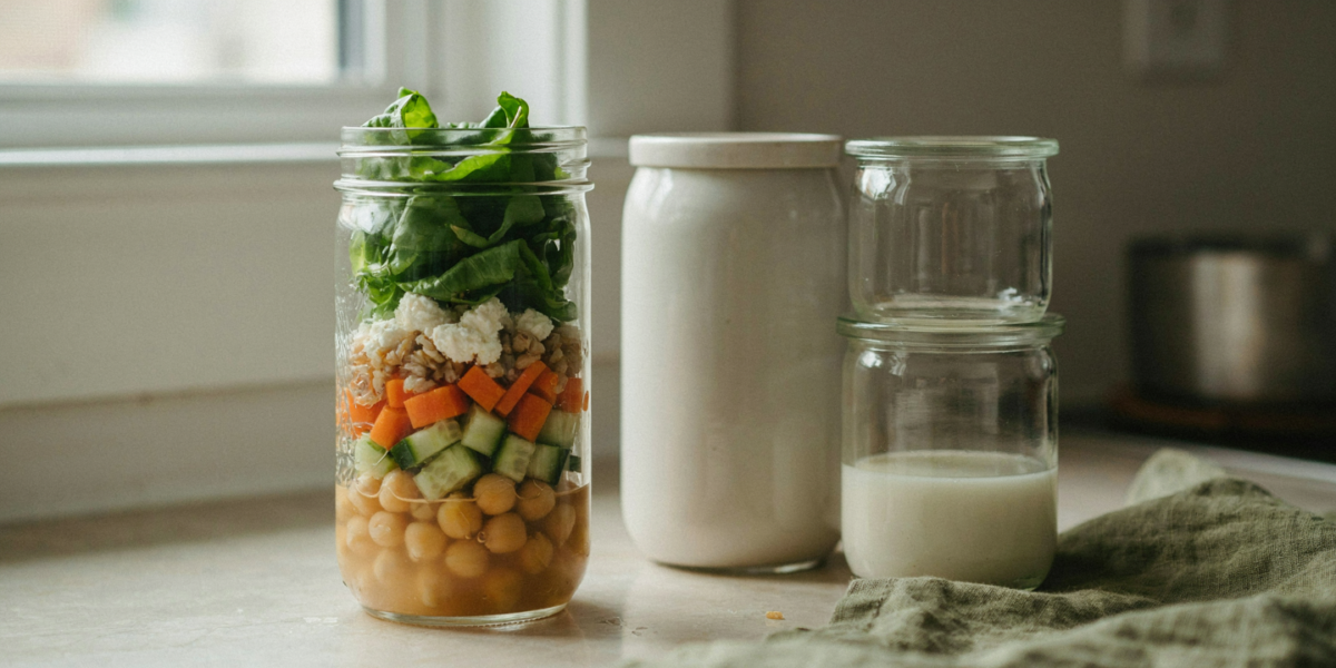 A tall glass jar with dressing at the bottom and greens packed at the top