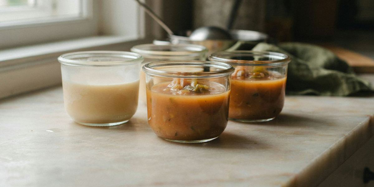 Single portions of soup in glass containers, some frosted from the freezer