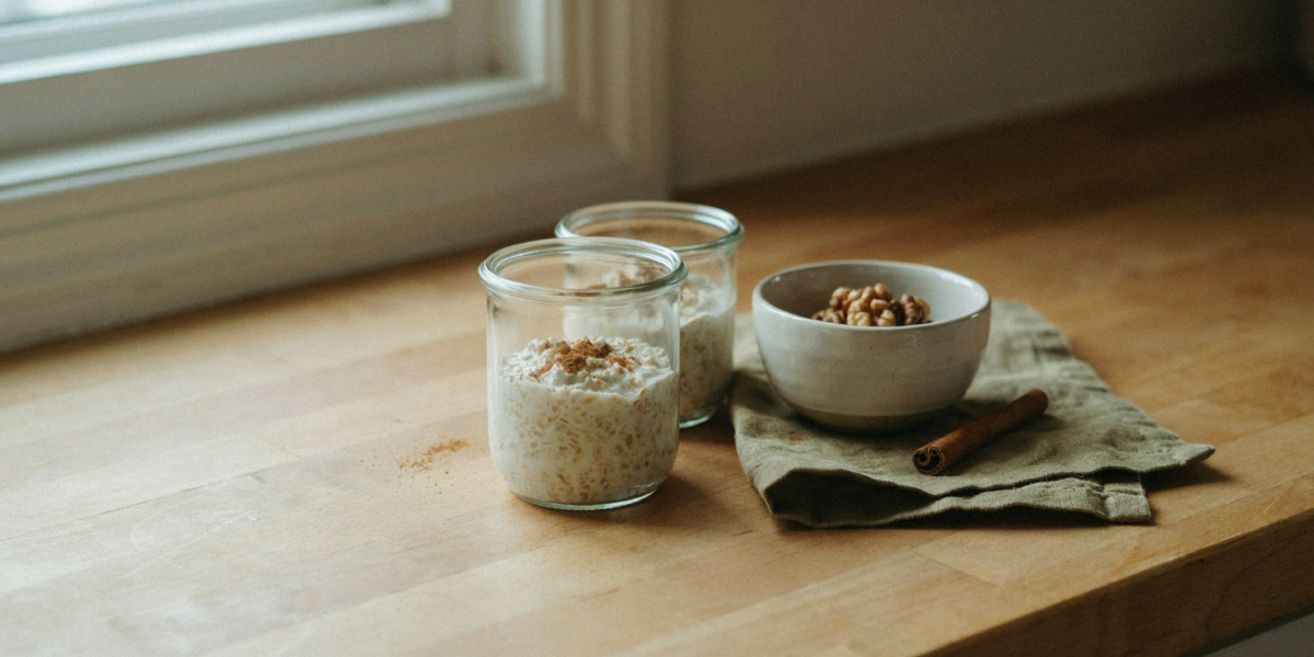 A jar of vanilla cinnamon overnight oats dusted with cinnamon, a small bowl of walnuts beside it