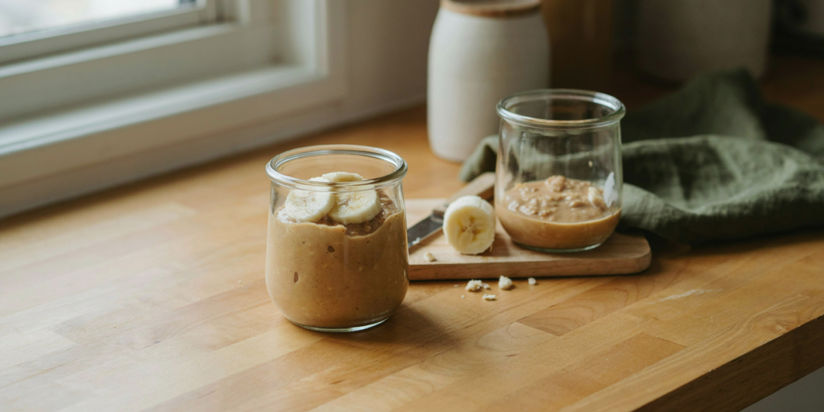 A jar of peanut butter overnight oats with fresh banana slices on top and a knife resting on a cutting board