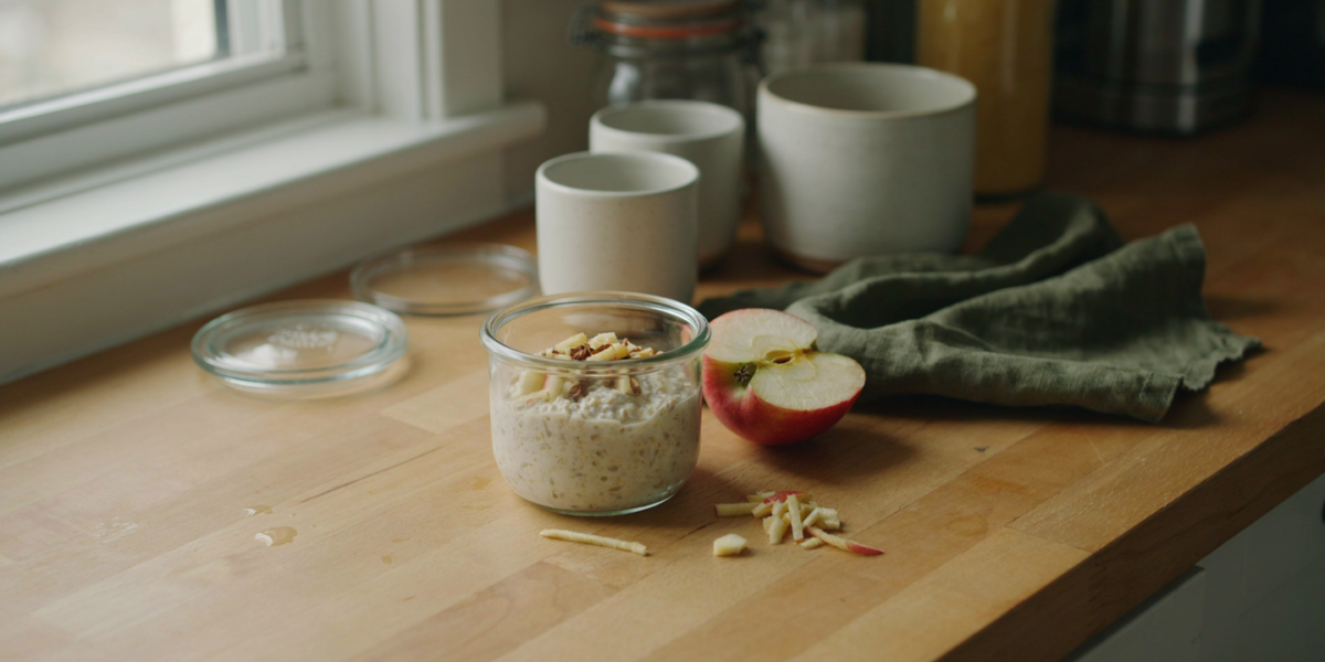 A jar of overnight oats with grated apple and cinnamon, a half apple and a box grater beside it