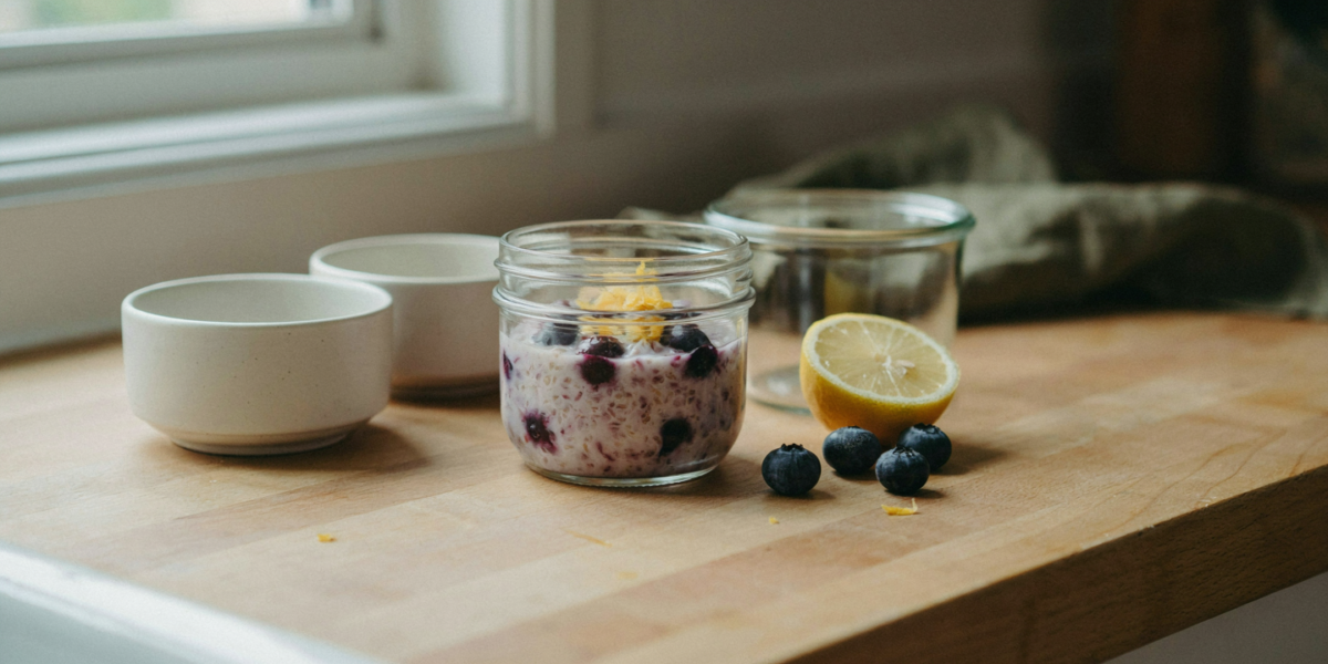 A jar of overnight oats stained purple by thawed blueberries, lemon zest on top, a zested lemon beside it