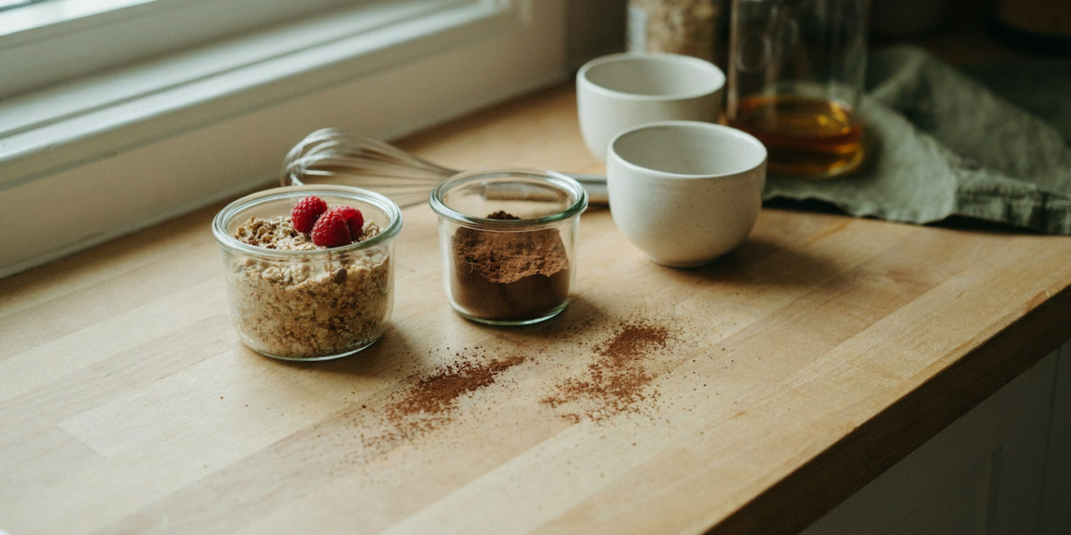 A jar of dark chocolate overnight oats with raspberries on top and a small bowl of cocoa powder