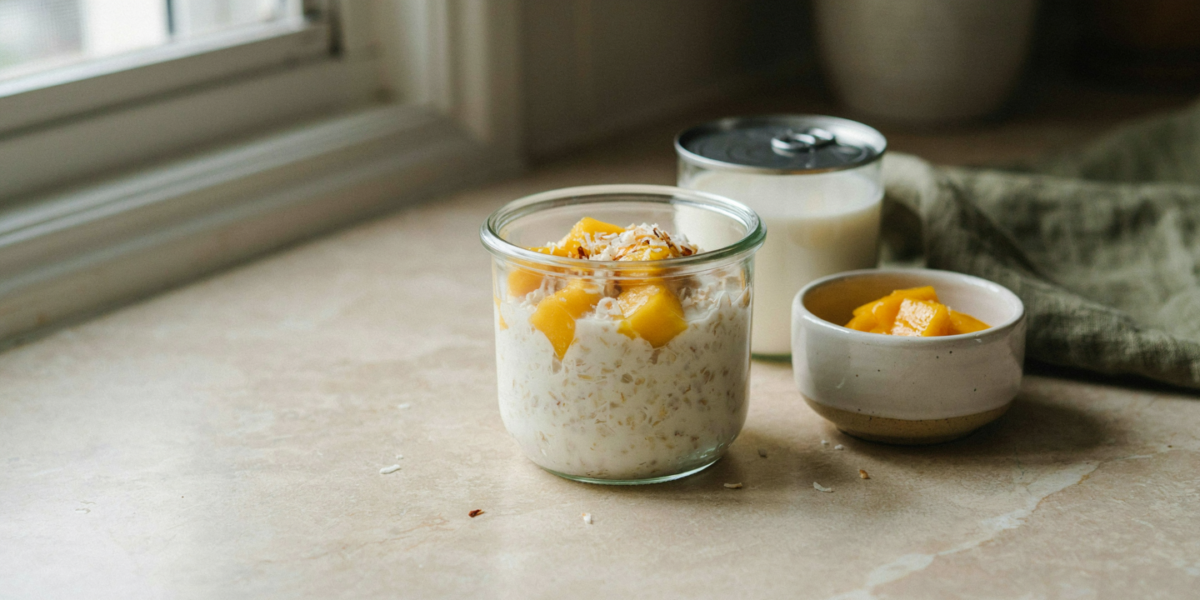 A jar of coconut overnight oats with mango chunks and toasted coconut flakes