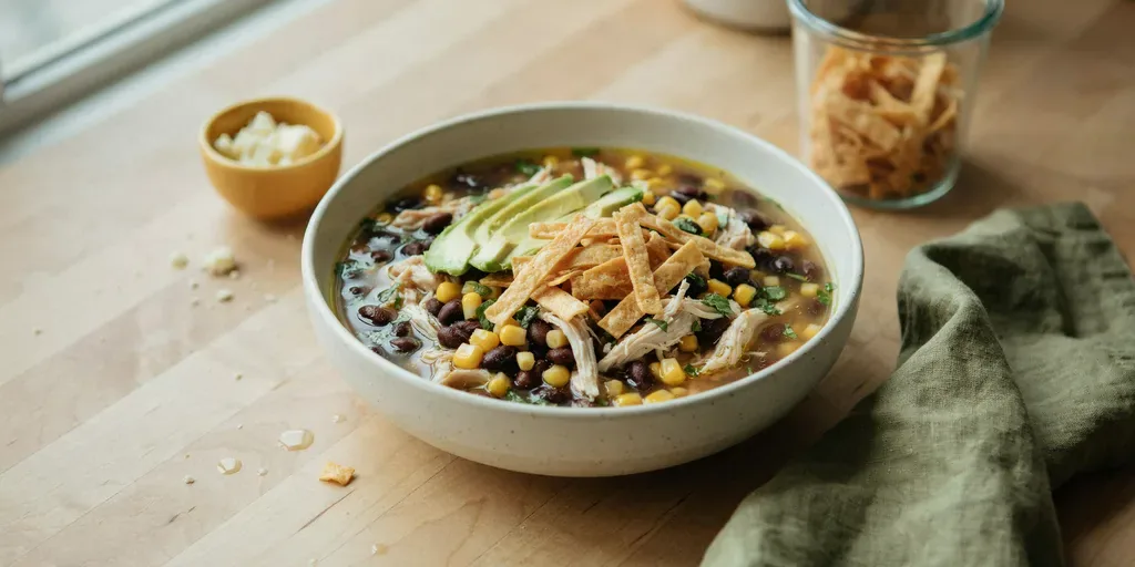 A stoneware bowl of chicken tortilla soup with shredded chicken, black beans and corn, topped with avocado slices and tortilla strips