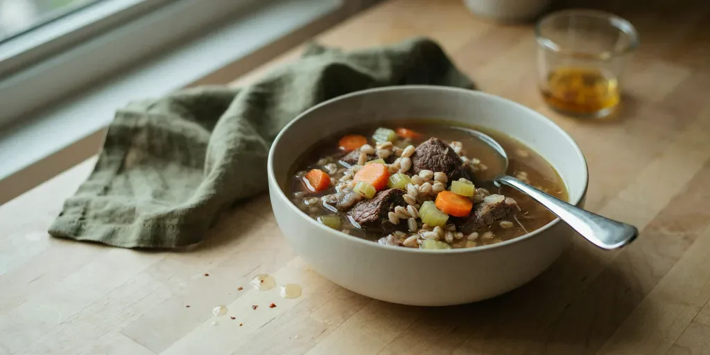 A deep bowl of beef and barley soup with carrots and celery in a dark broth