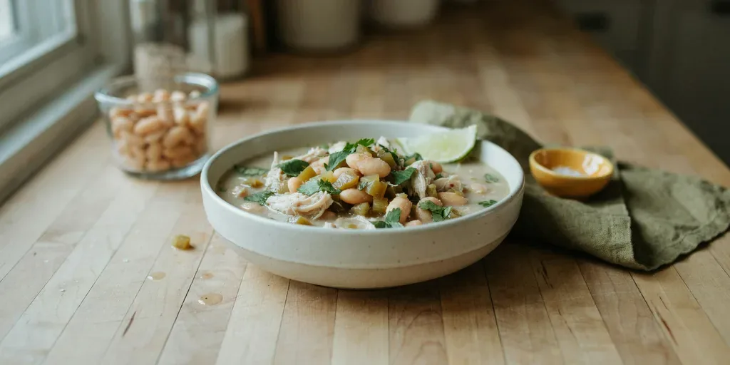 A bowl of creamy white chicken chili with white beans and green chiles, topped with cilantro and a lime wedge