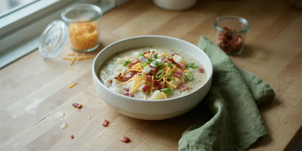 A bowl of thick potato soup topped with shredded cheddar, crumbled bacon and sliced green onion