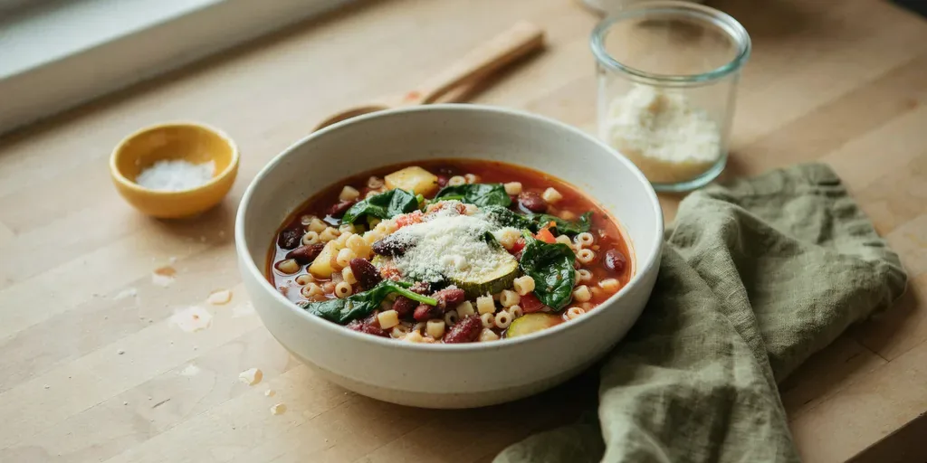 A bowl of minestrone with small pasta, kidney beans, zucchini and spinach in tomato broth, parmesan on top