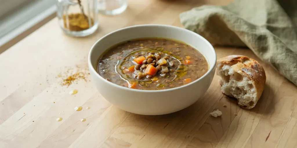 A bowl of brown lentil soup with carrots and cumin, a swirl of olive oil and crusty bread beside it