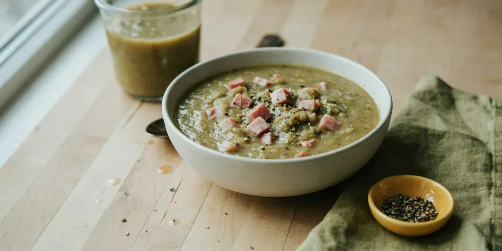A bowl of thick green split pea soup with diced ham and cracked black pepper