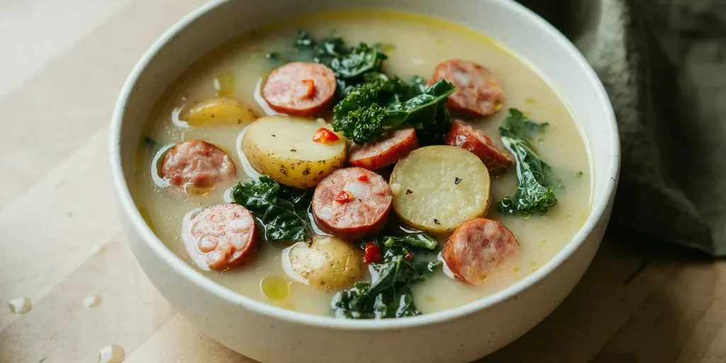 A bowl of creamy soup with sliced Italian sausage, potato rounds and dark kale