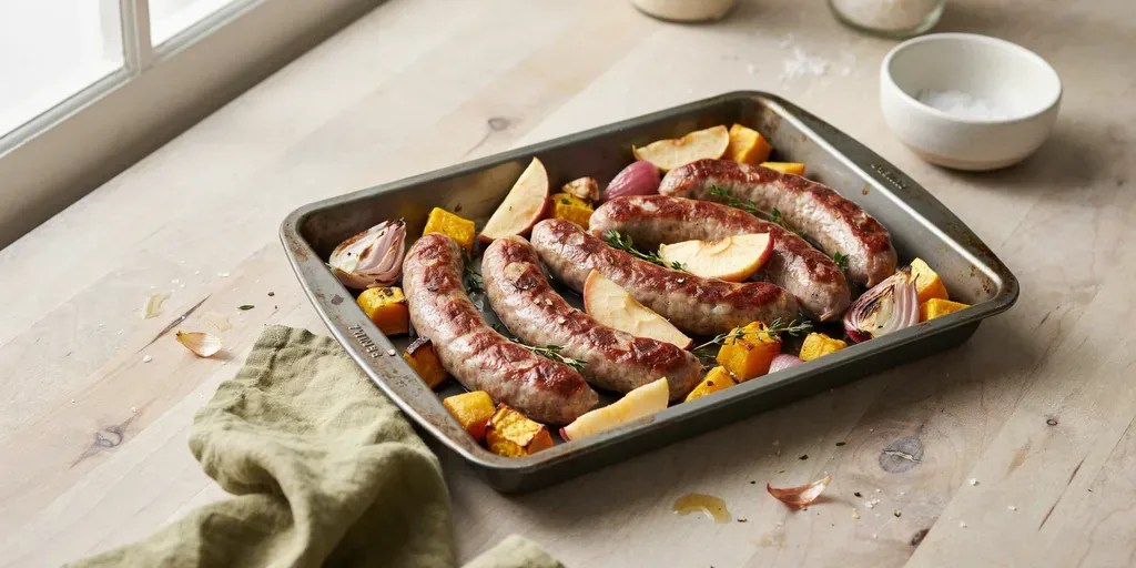 A sheet pan of browned sausages, apple wedges, red onion and butternut squash, crisp at the edges