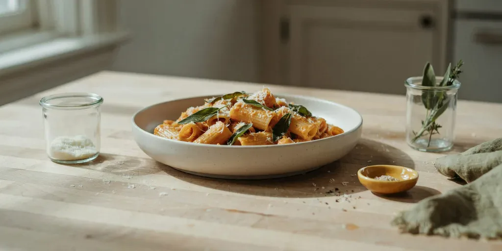 A shallow bowl of rigatoni in a smooth orange butternut squash sauce with crisp sage leaves and parmesan