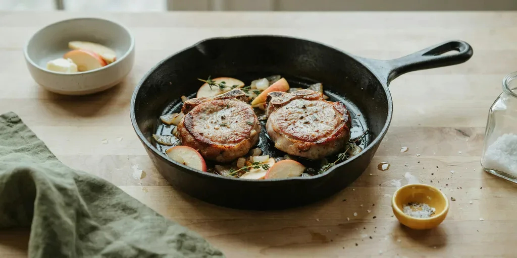 Two seared pork chops in a cast iron skillet with softened apple slices and onions in a pan sauce