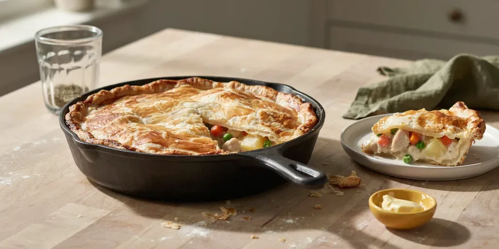 A cast iron skillet of chicken pot pie with a golden puff pastry top, one piece cut out showing the creamy filling