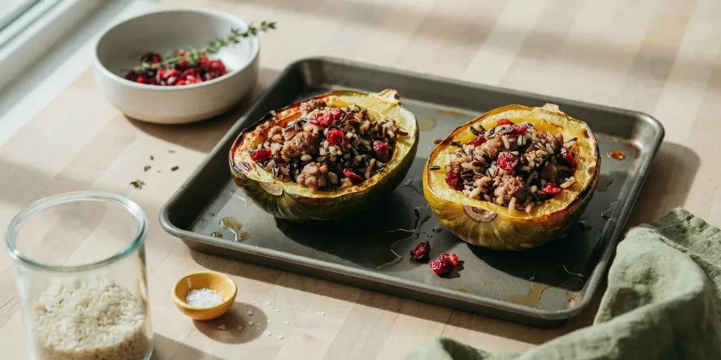 Two roasted acorn squash halves filled with wild rice, sausage and dried cranberries on a baking sheet