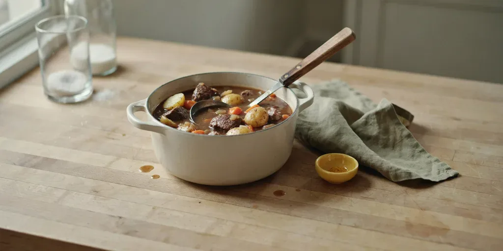 A Dutch oven of beef stew with chunks of beef, potatoes and carrots in a thick gravy, a ladle in it