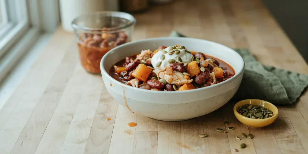 A bowl of turkey and bean chili with pumpkin, topped with sour cream and pepitas