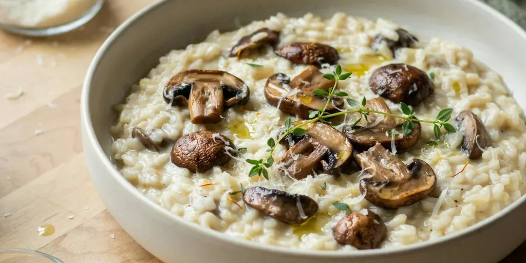 A shallow bowl of creamy mushroom risotto with browned cremini mushrooms and thyme, grated parmesan
