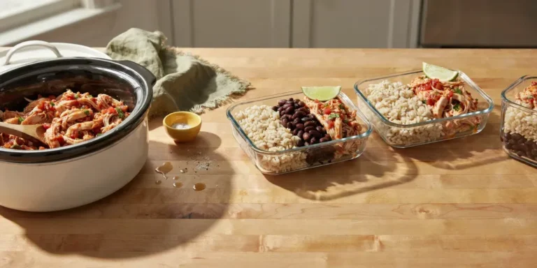 An open slow cooker of shredded salsa chicken beside glass meal prep containers with brown rice, black beans, chicken and lime