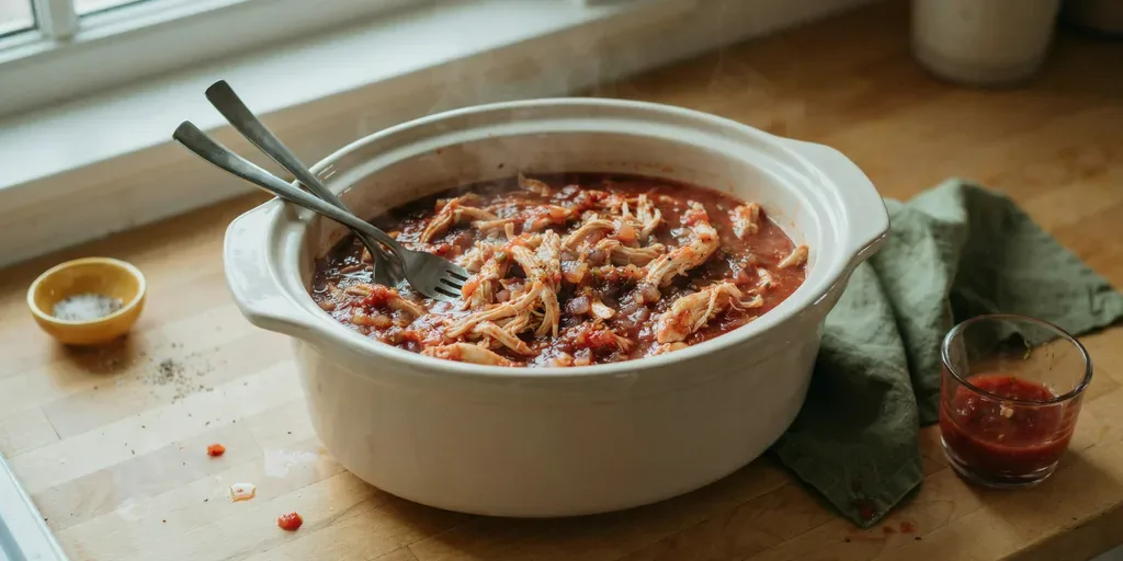 Shredded chicken in red salsa in a slow cooker insert, two forks resting on the rim