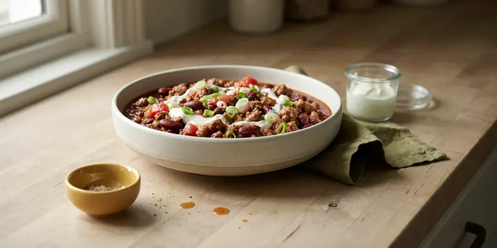 A stoneware bowl of lean ground turkey chili with kidney beans and tomatoes, topped with Greek yogurt and green onion