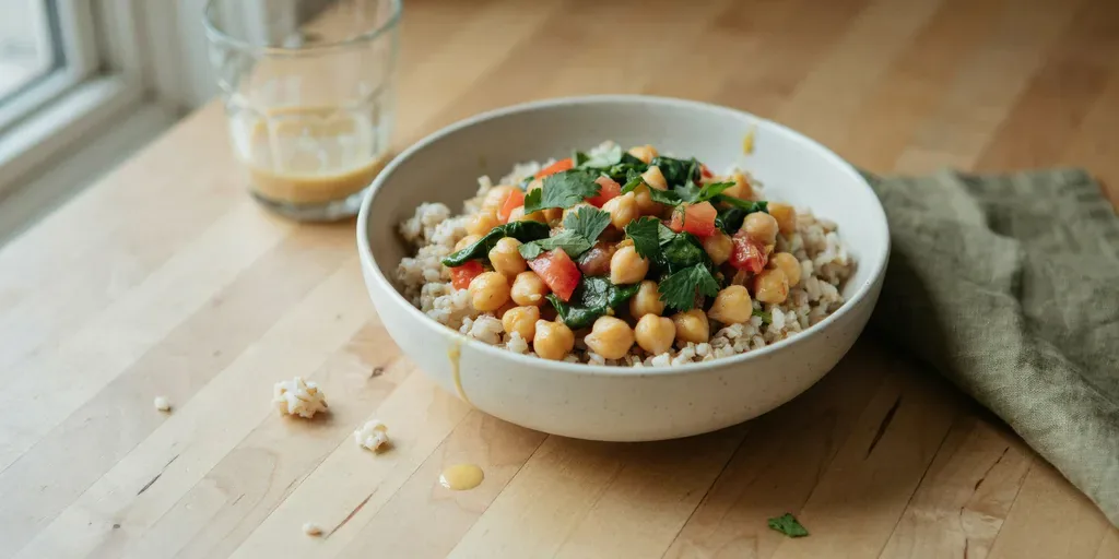 A bowl of chickpea curry with tomato, spinach and coconut milk over brown rice, cilantro on top