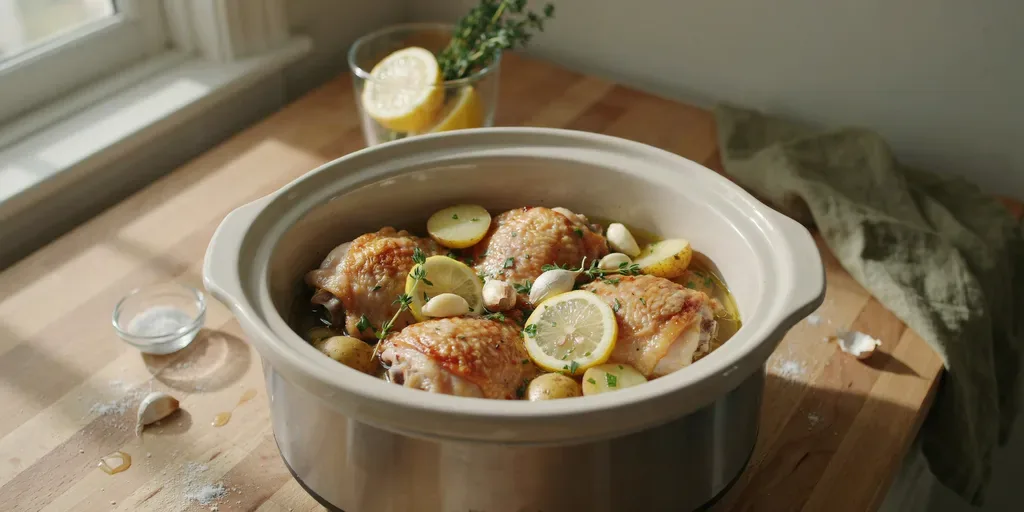 Chicken thighs with lemon slices, garlic and baby potatoes in a slow cooker, herbs on top