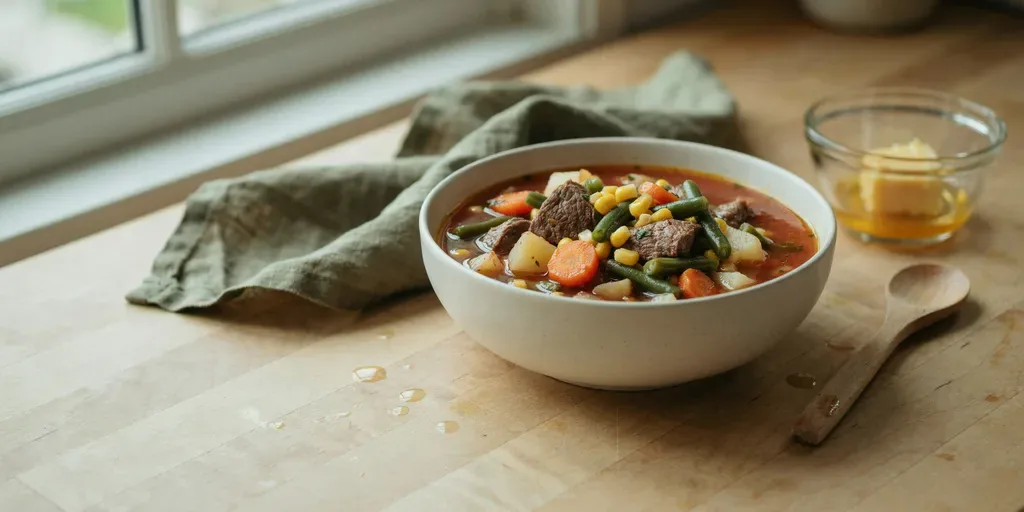 A bowl of vegetable beef soup with lean beef, green beans, corn, carrots and potatoes in tomato broth