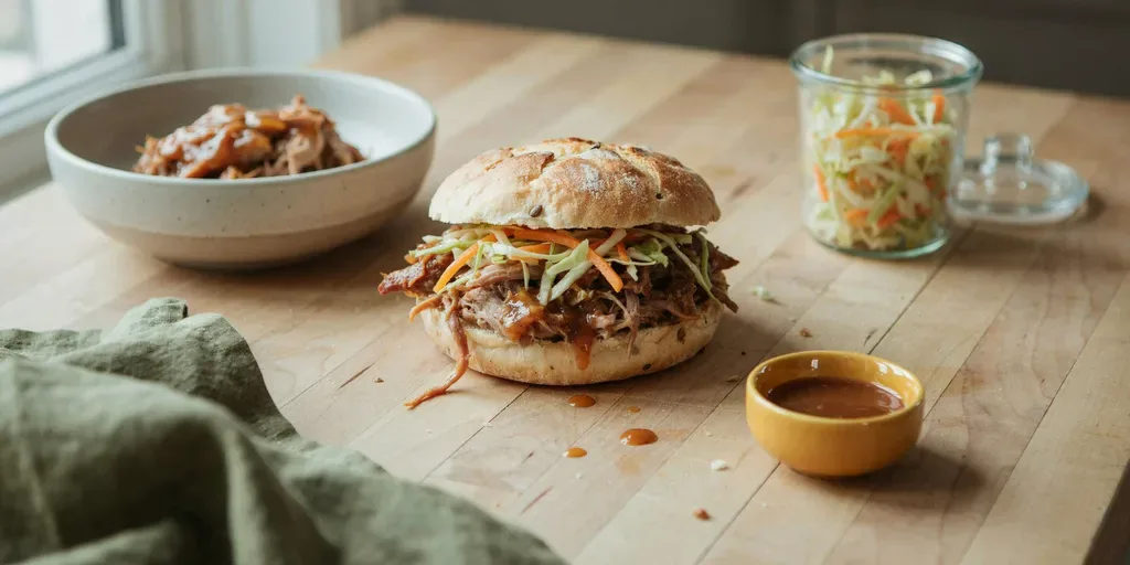 Shredded pork tenderloin in a light barbecue sauce on a whole wheat bun with crunchy slaw