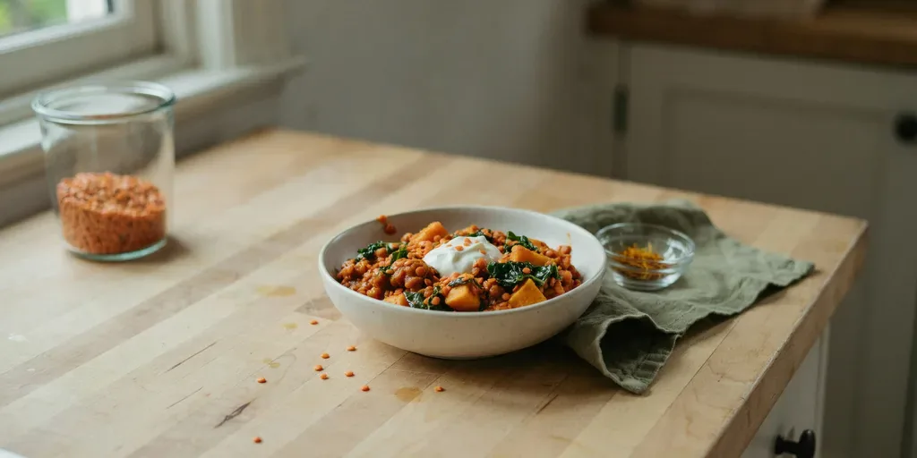 A bowl of red lentil and sweet potato stew with kale, a swirl of yogurt on top