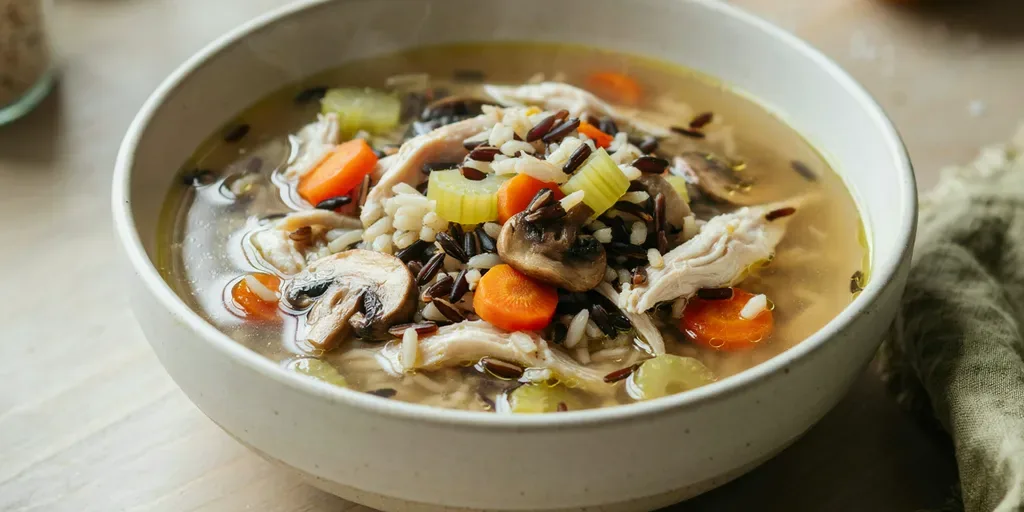 A bowl of chicken and wild rice soup with carrots, celery and mushrooms in a light broth