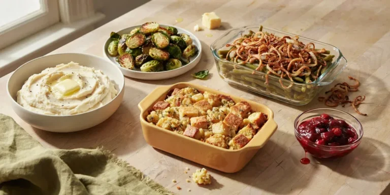 Thanksgiving side dishes on a pale oak table: mashed potatoes with butter, roasted Brussels sprouts, green bean casserole, cornbread stuffing and cranberry sauce