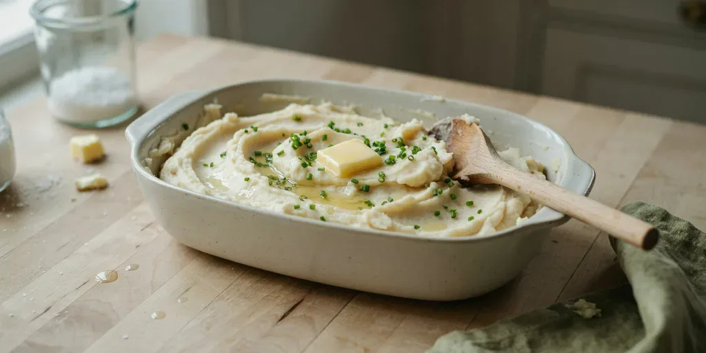 A stoneware baking dish of creamy mashed potatoes with a pat of melting butter and chopped chives