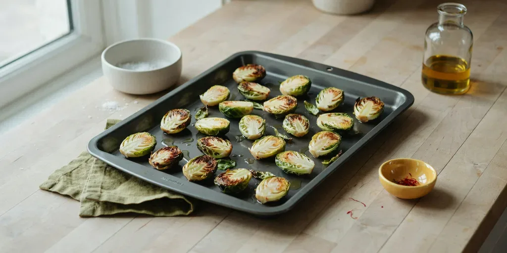 A sheet pan of halved roasted Brussels sprouts, deeply browned at the edges